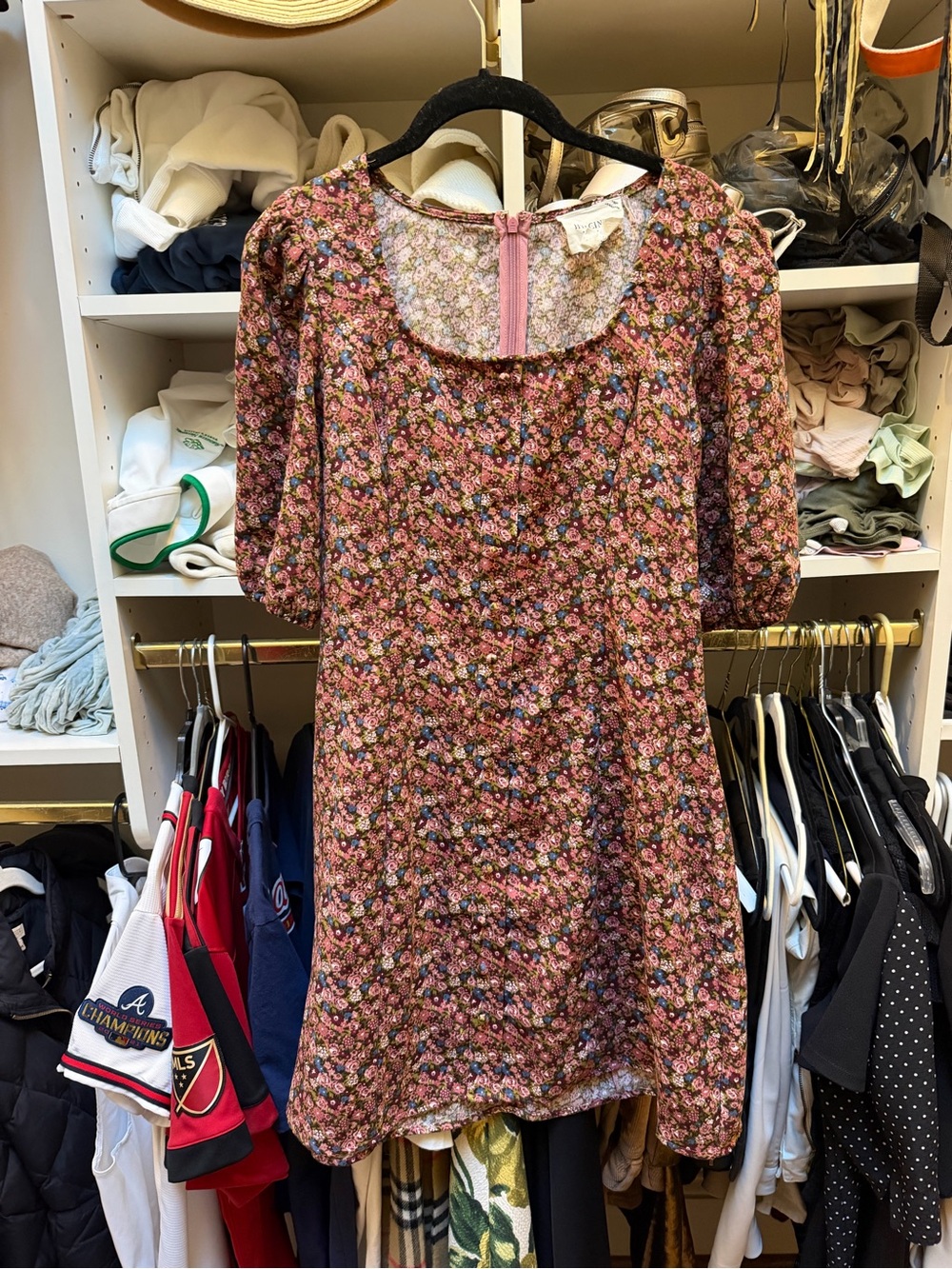 Hyacinth House Vintage-Inspired Pink Floral Puff-Sleeve Mini Dress